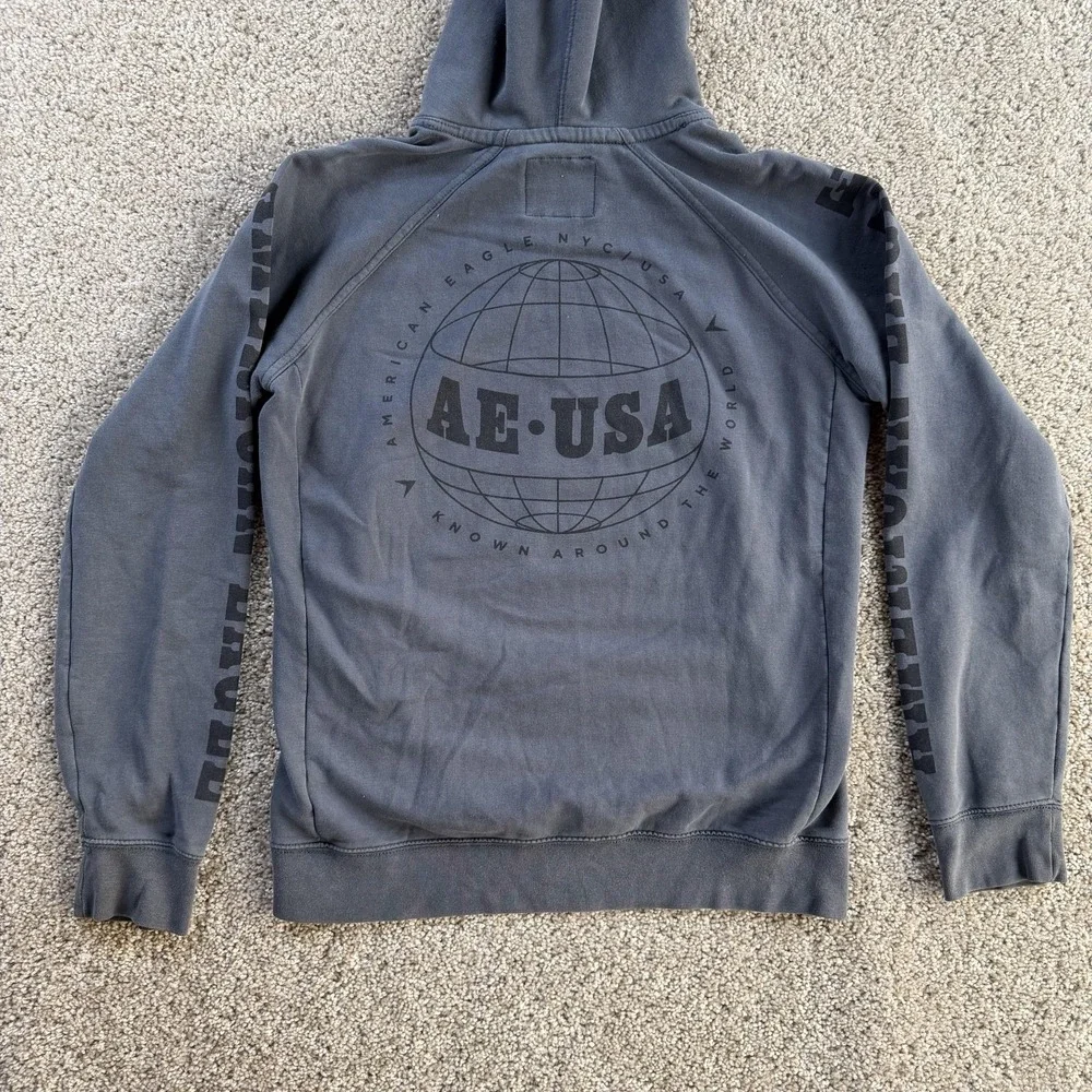 American Eagle Hoodie Mens XS Gray Fleece Pullover AE USA Globe Sweatshirt